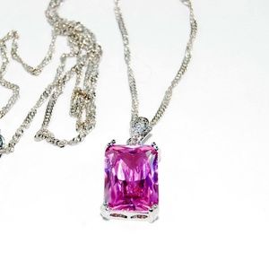 Pink Rectangle Sapphire 18K White GP CZ wtih Chain